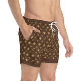 Luxury Monogram Swim Trunks — Brown Gold All-Over Print