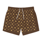 Luxury Monogram Swim Trunks — Brown Gold All-Over Print