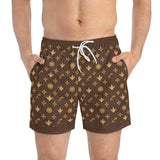 Luxury Monogram Swim Trunks — Brown Gold All-Over Print